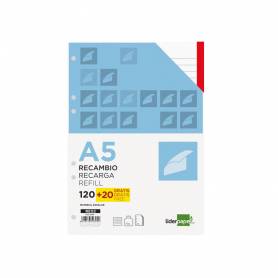 Recambio liderpapel a5 120 hojas 80g/m2 horizontal sin margen 6 taladros bandas de 5 colores