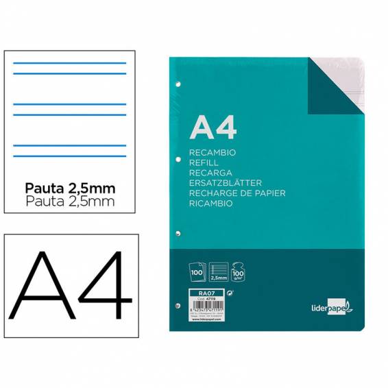 Recambio liderpapel a4 100 hojas 100g/m2 pauta 5ª 2.5mm con margen 4 taladros