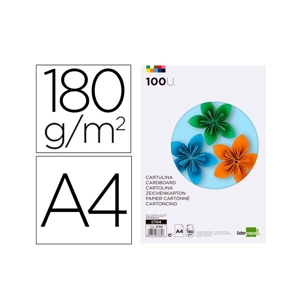 Cartulina liderpapel a4 180g/m2 10 colores surtidos paquete de 100 hojas