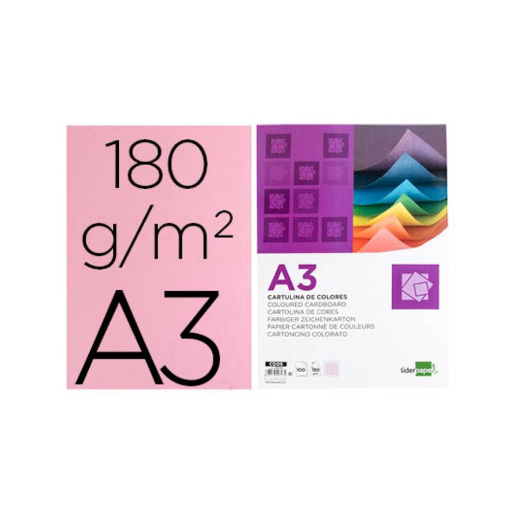 Cartulina liderpapel a3 180g/m2 rosa paquete de 100 hojas