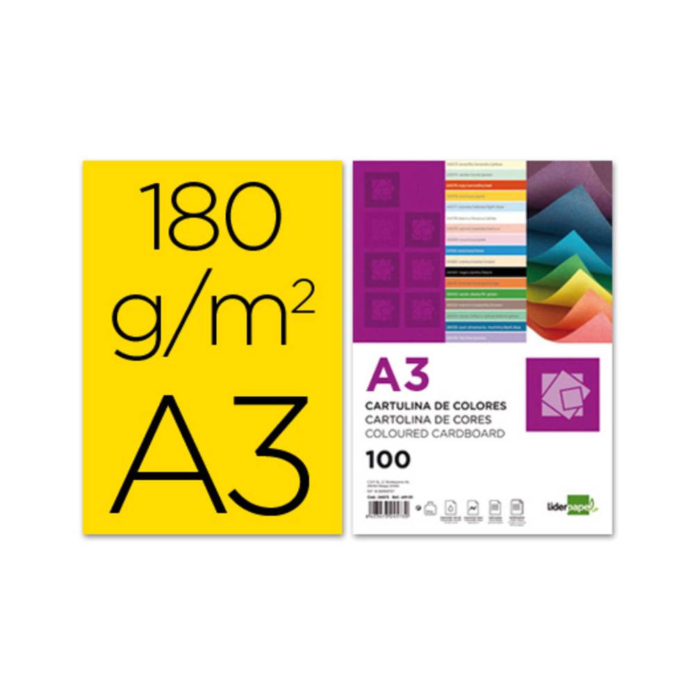 Cartulina liderpapel a3 180g/m2 amarillo paquete de 100 hojas