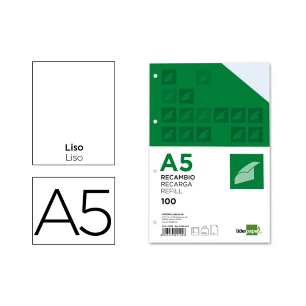 Recambio liderpapel a5 100 h 100g/m2 liso con margen 6 taladros