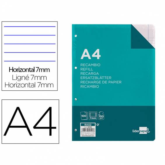 Recambio liderpapel a4 100 hojas 100g/m2 horizontal con doble margen 4 taladros