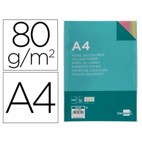 Papel color liderpapel a4 80gr 4 colores surtidos paquete de 100 hojas