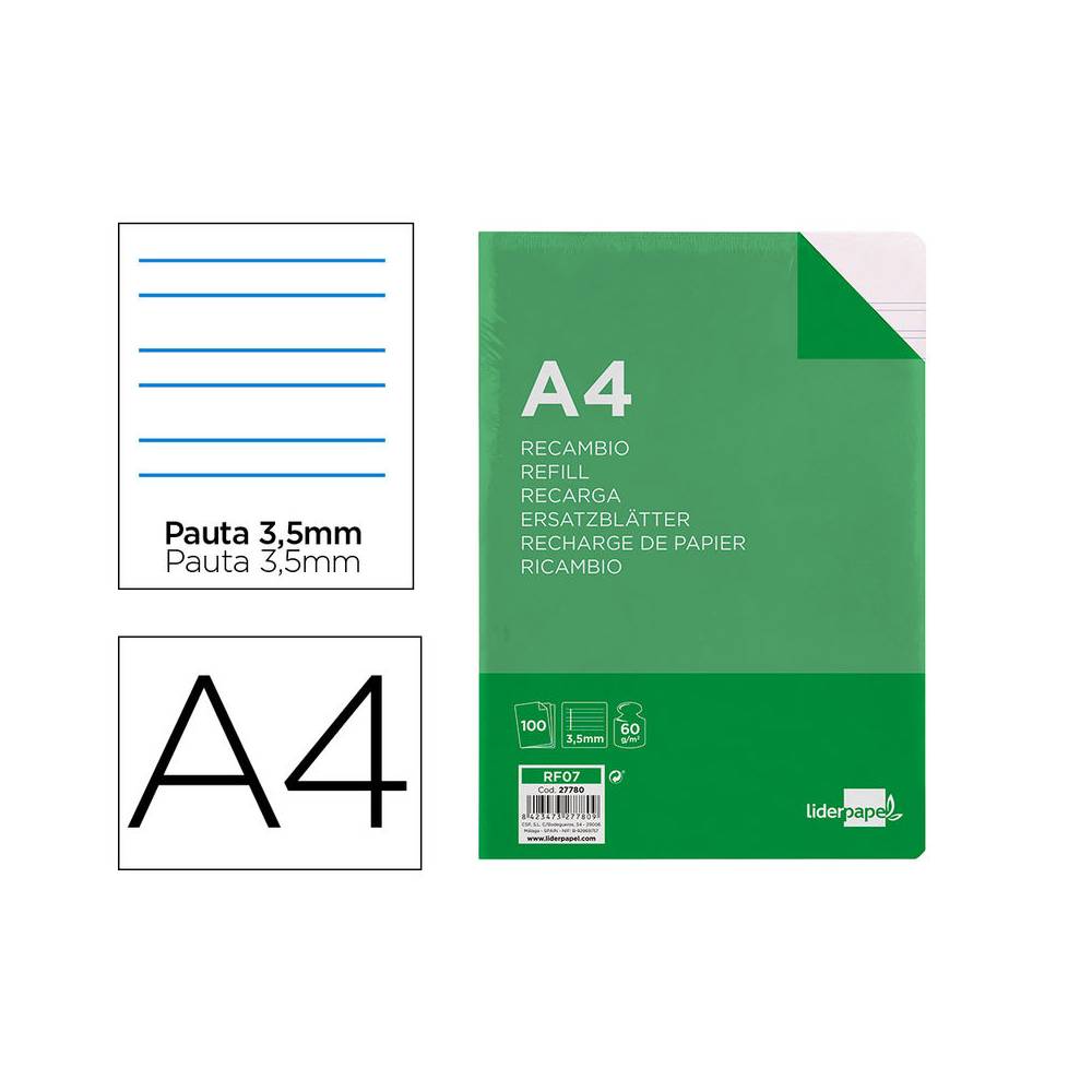 Recambio liderpapel a4 100 hojas 60g/m2pauta 4ª 3.5mm con margen 4 taladros