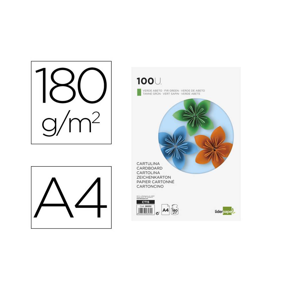 Cartulina liderpapel a4 180g/m2 verde abeto paquete de 100 hojas