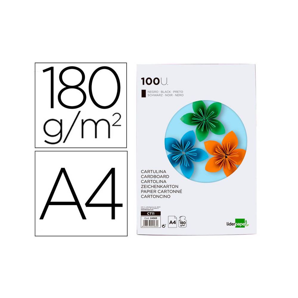 Cartulina liderpapel a4 180g/m2 negro paquete de 100 hojas