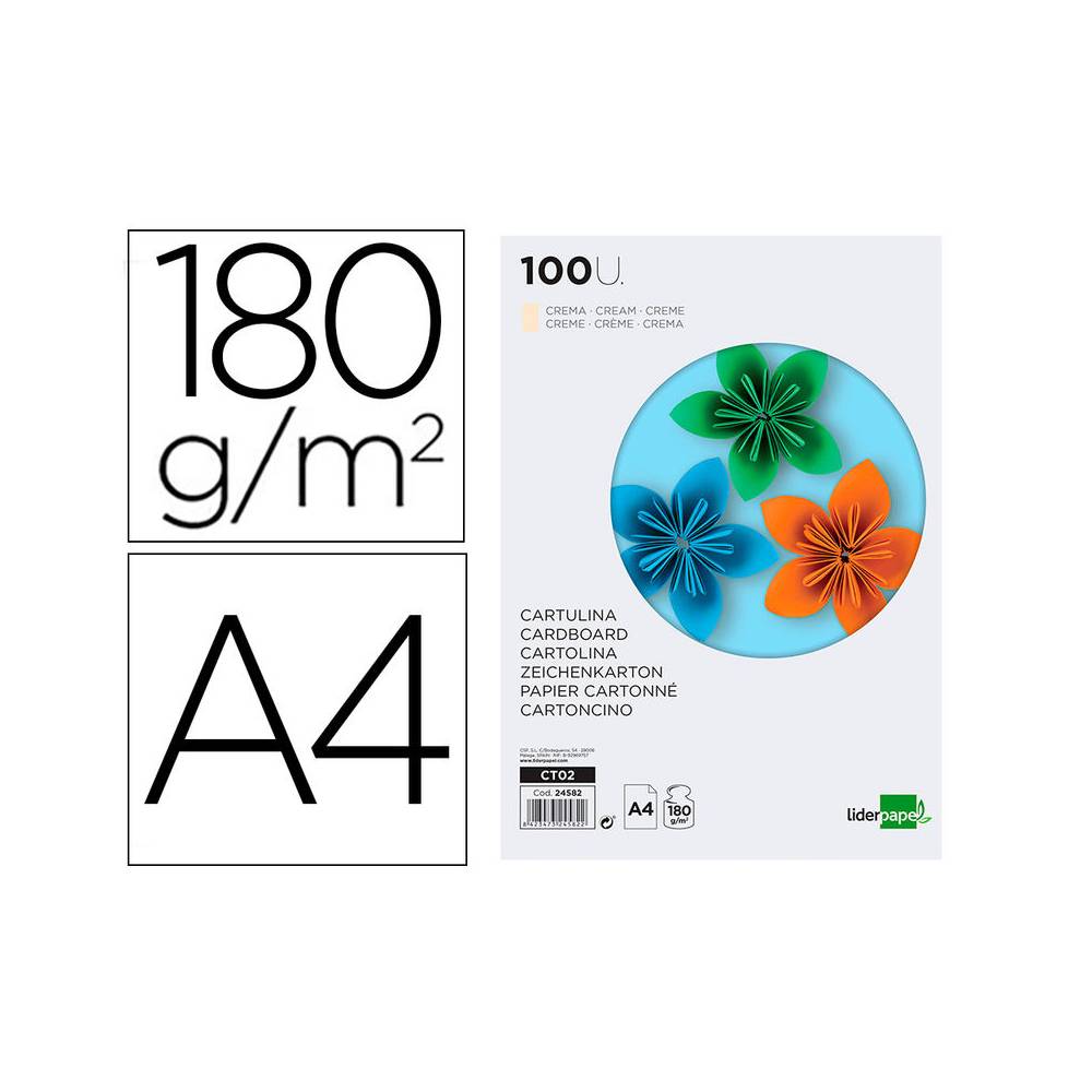 Cartulina liderpapel a4 180g/m2 crema paquete de 100 hojas