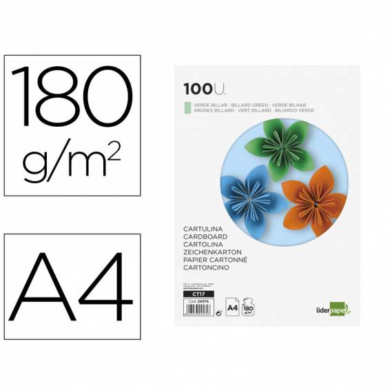 Cartulina liderpapel a4 180g/m2 verde paquete de 100 hojas