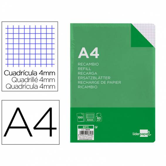 Recambio liderpapel a4 100 hojas 60g/m2 cuadro 4 mm con margen 16 taladros