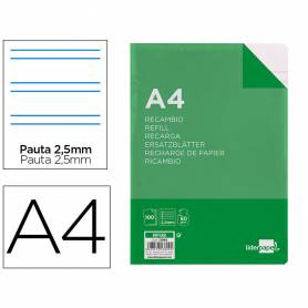 Recambio liderpapel a4 100 hojas 60g/m2 pauta 5ª 2.5mm con margen 4 taladros