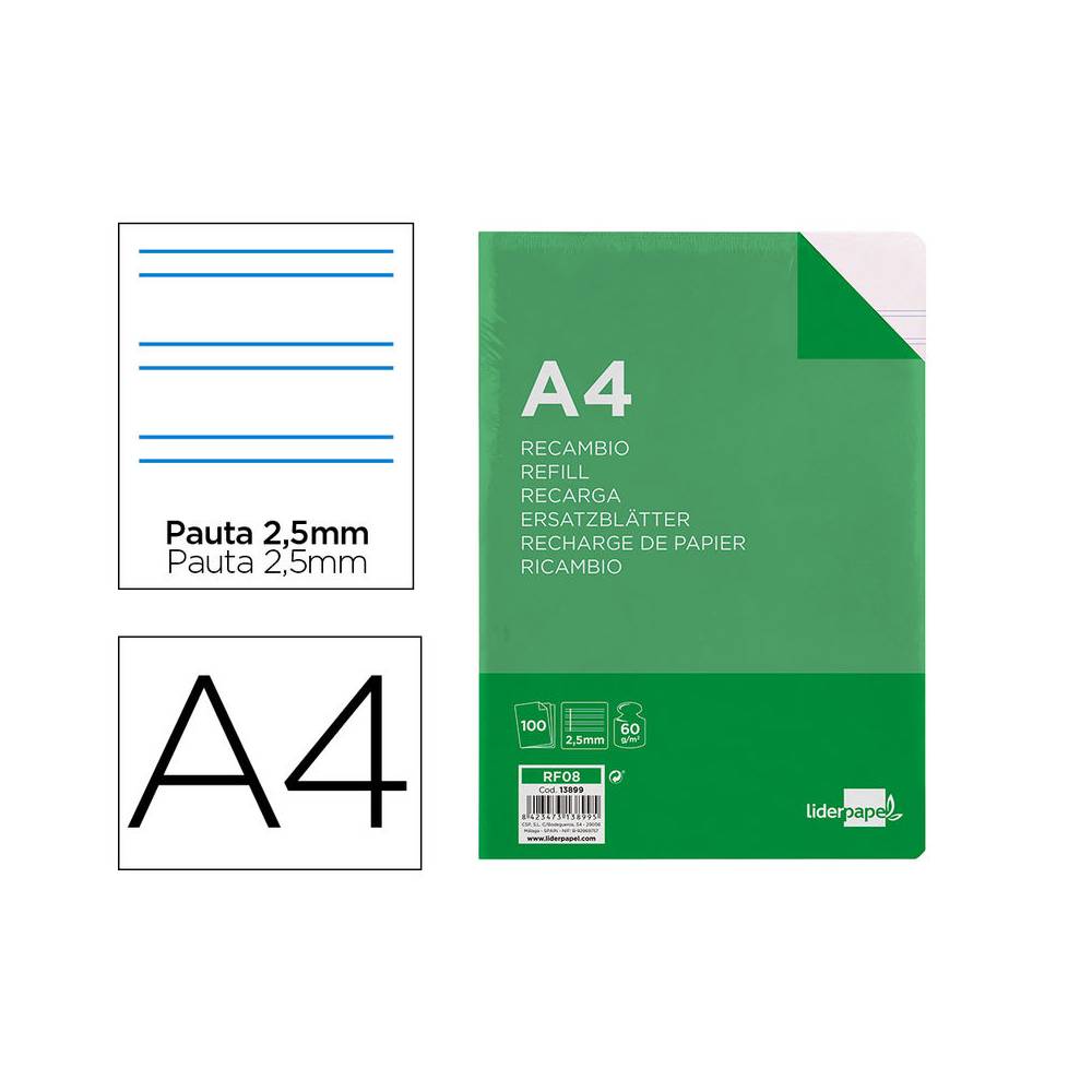 Recambio liderpapel a4 100 hojas 60g/m2 pauta 5ª 2.5mm con margen 4 taladros