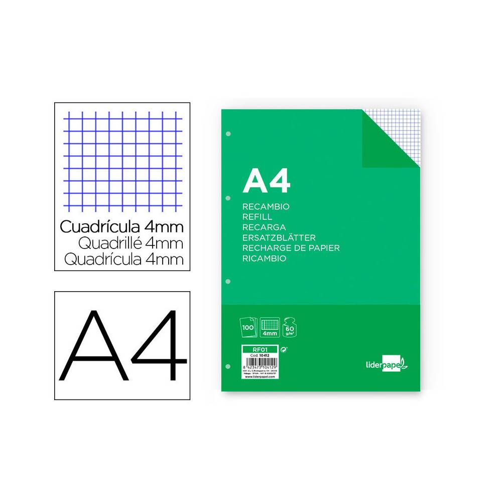 Recambio liderpapel a4 100 hojas 60g/m2 cuadro 4 mm con margen 4 taladros