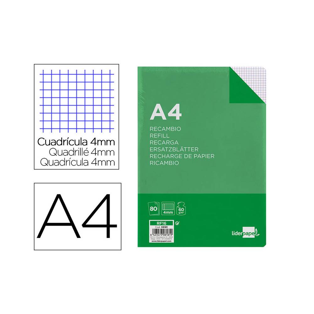 Recambio liderpapel a4 80 hoja 60g/m2 cuadro 4 mm con margen 4 taladros