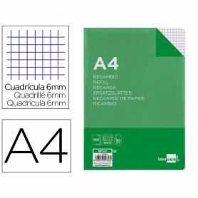 Recambio liderpapel a4 100 hojas 60g/m2 cuadro 6 mm 4 taladros con margen