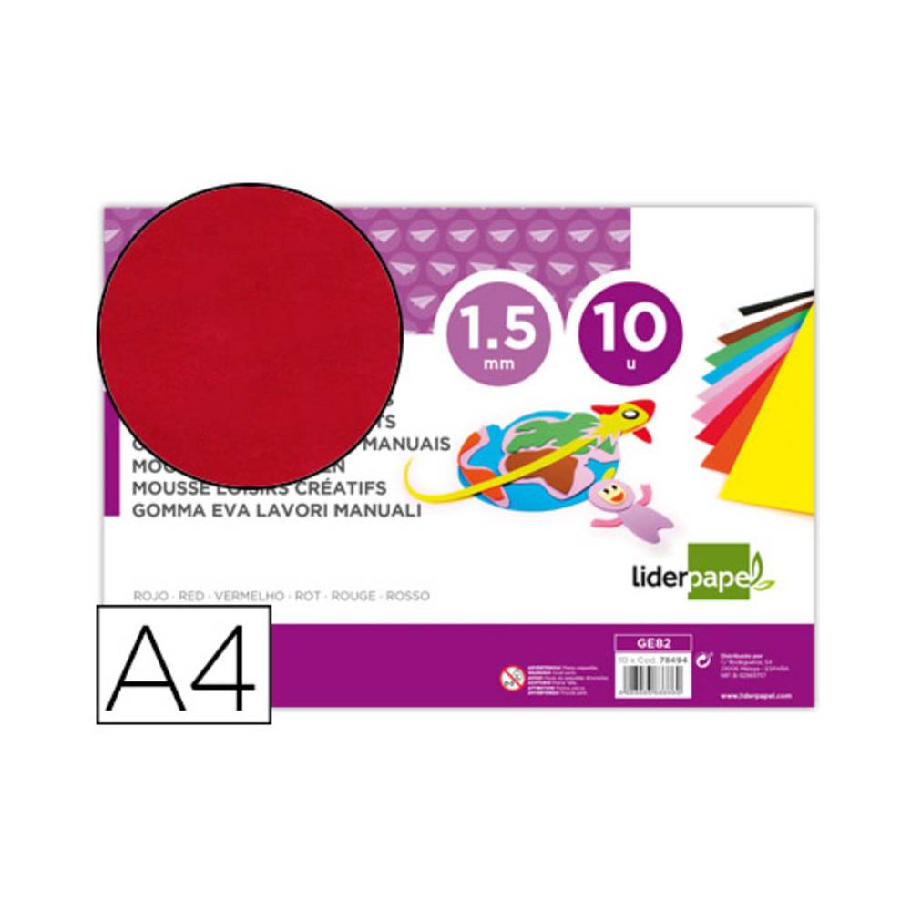 Goma eva liderpapel din a4 60g/m2 espesor 1,5mm rojo paquete de 10 hojas