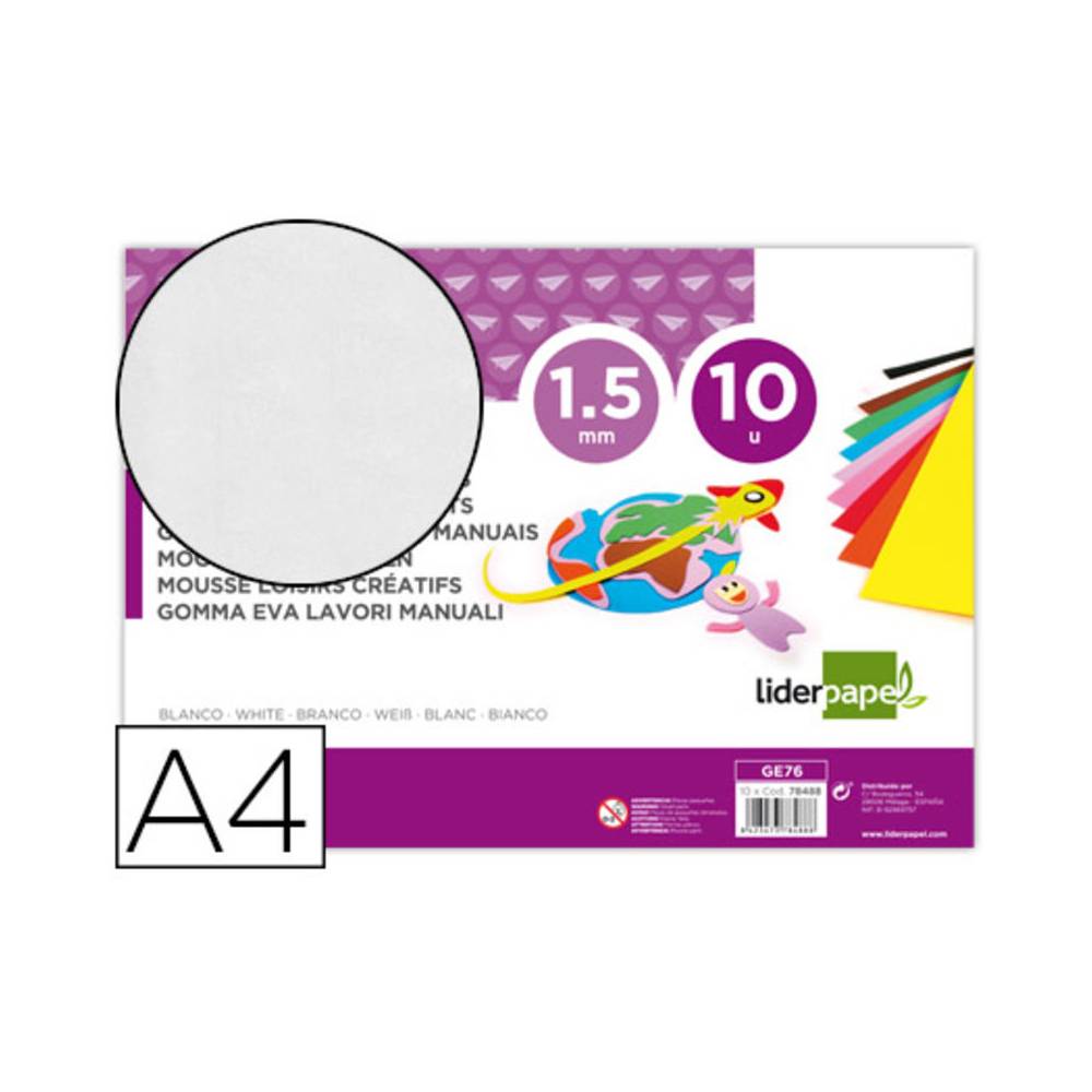 Goma eva liderpapel din a4 60g/m2 espesor 1,5mm blanco paquete de 10 hojas