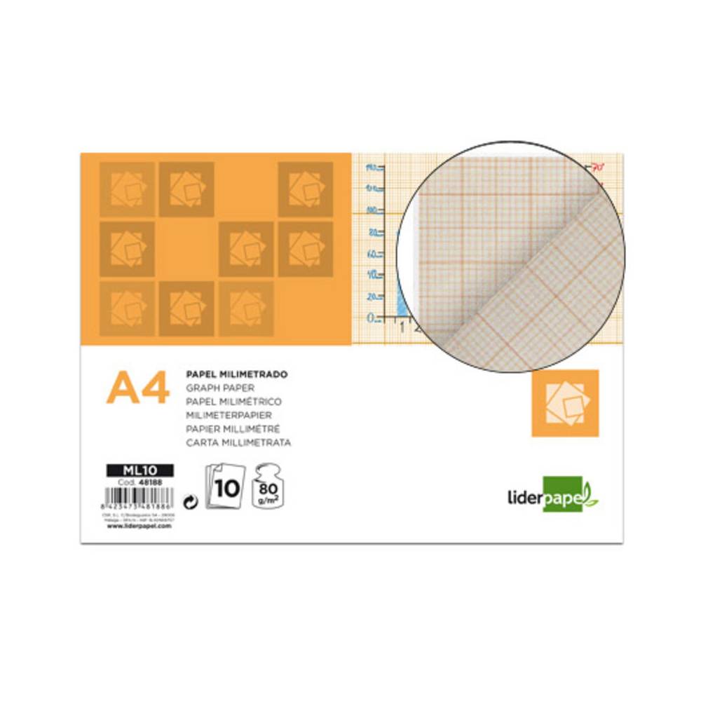 Papel dibujo liderpapel 210x297mm 80g/m2 milimetrado pack de 10 hojas