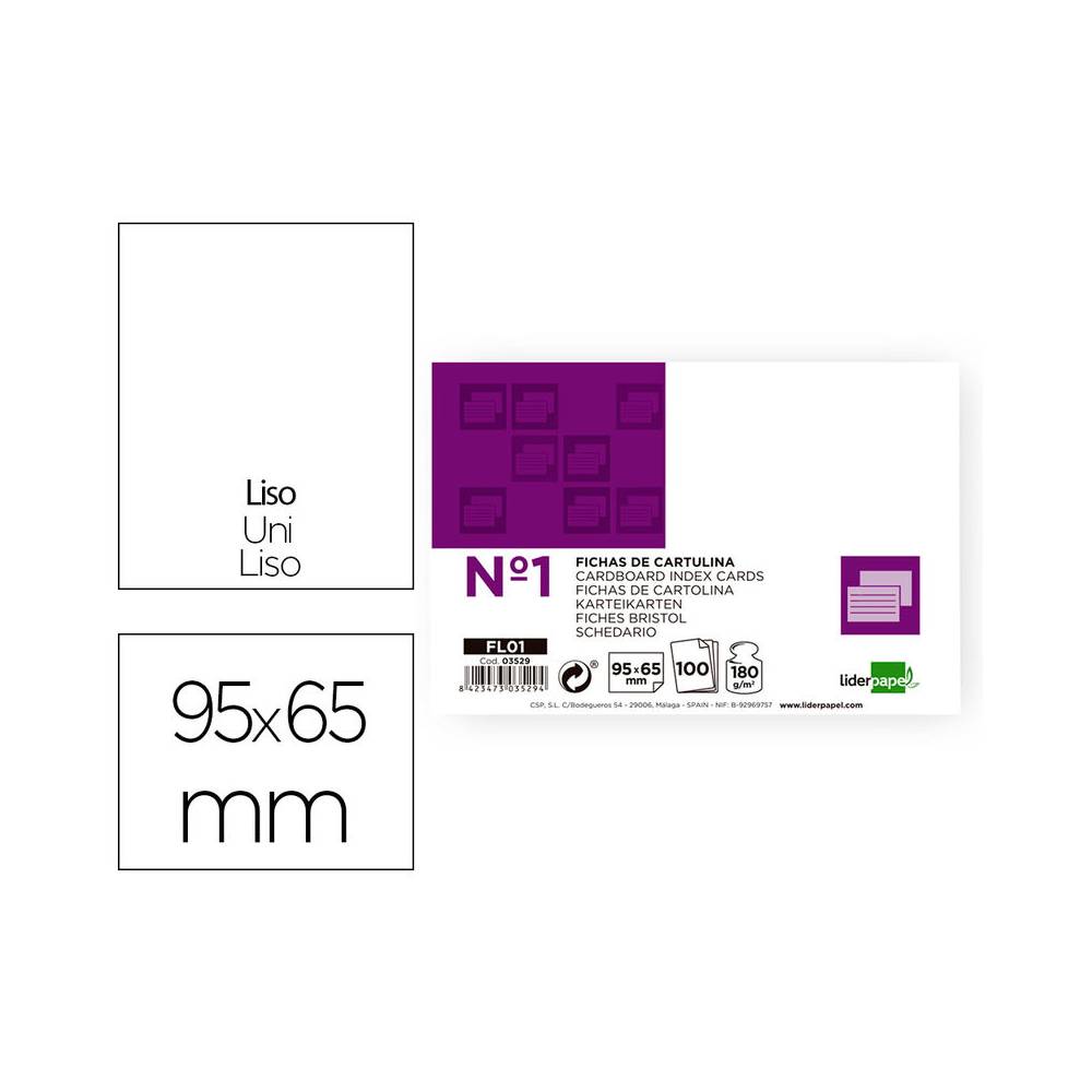 Ficha liderpapel lisa nº1 65x95mm paquete de 100 180g