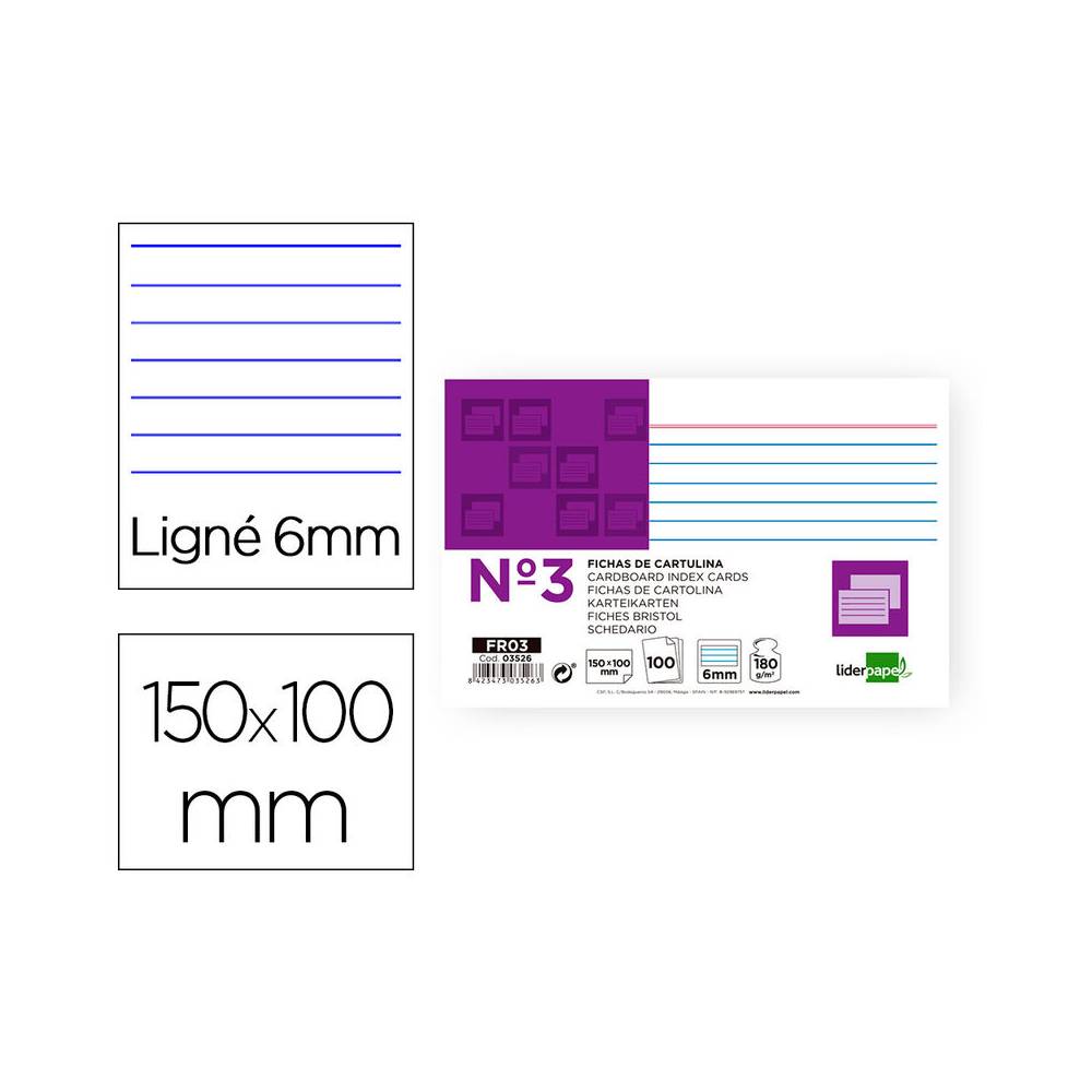 Ficha liderpapel rayada nº3 100x150 mm 180g/m2 paquete de 100 unidades