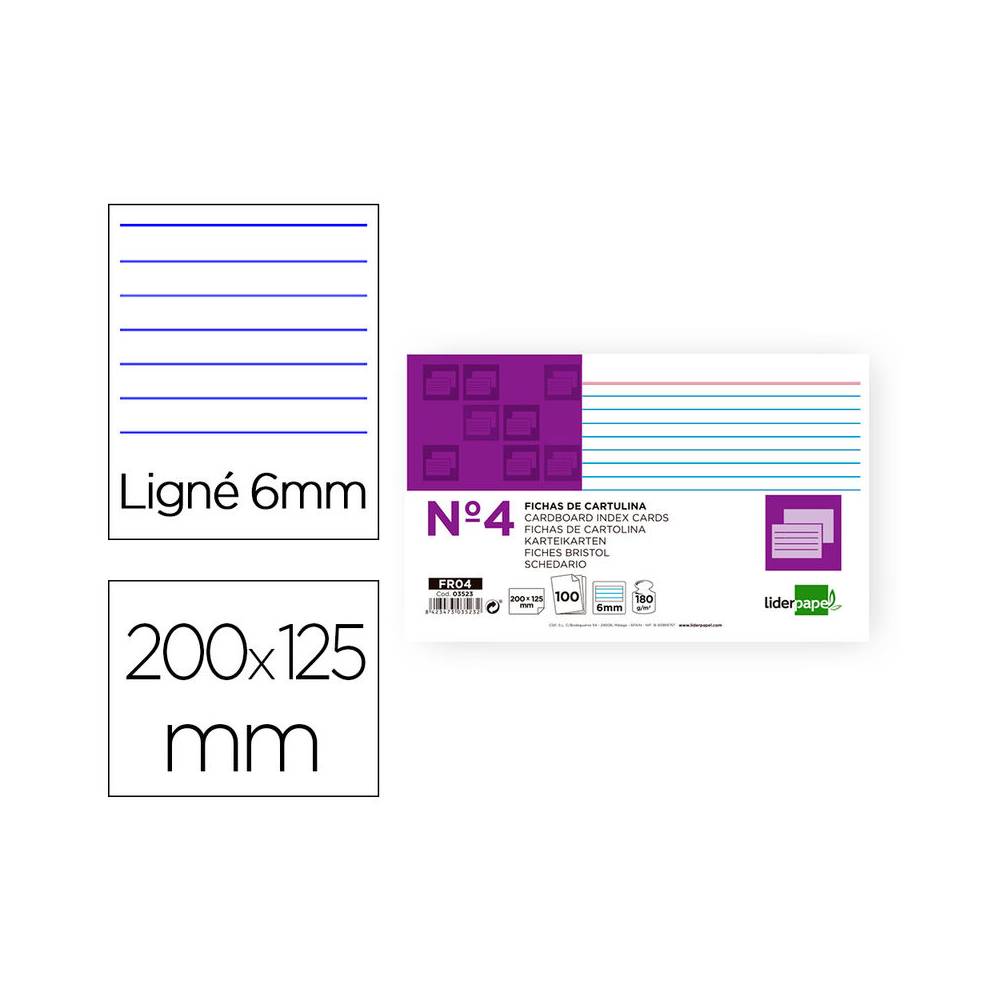 Ficha liderpapel rayada nº4 125x200 mm 180g/m2 paquete de 100 unidades