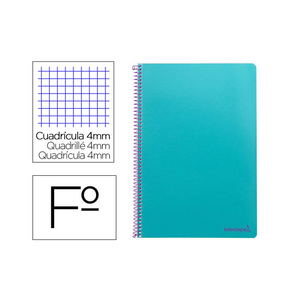 Cuaderno espiral liderpapel folio smart tapa blanda 80h 60gr cuadro 4mm con margen color turquesa