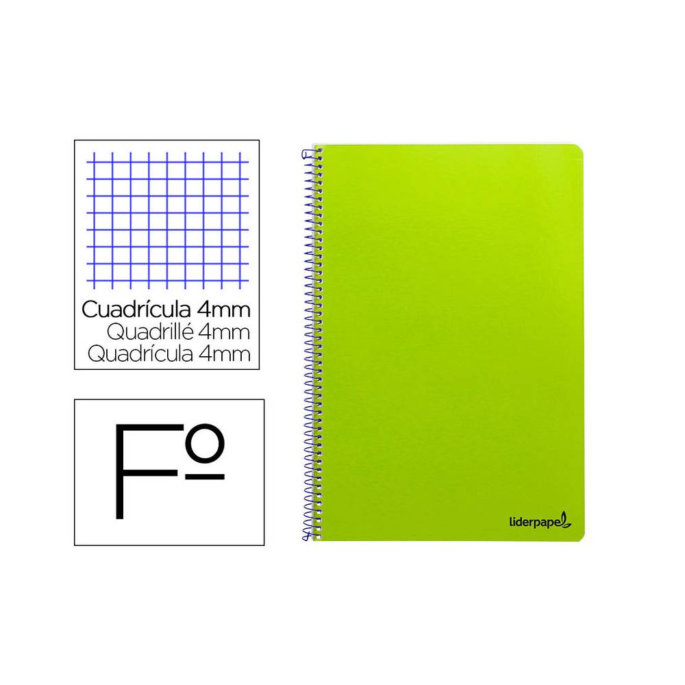 Cuaderno espiral liderpapel folio smart tapa blanda 80h 60gr cuadro 4mm con margen color verde