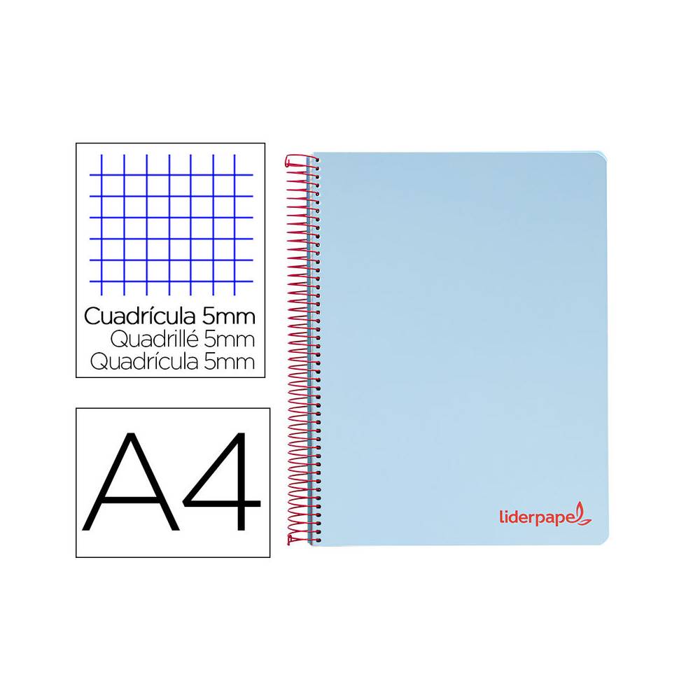 Cuaderno espiral liderpapel a4 micro wonder tapa plastico 120h 90 gr cuadro 5 mm 5 banda4 taladros color celeste