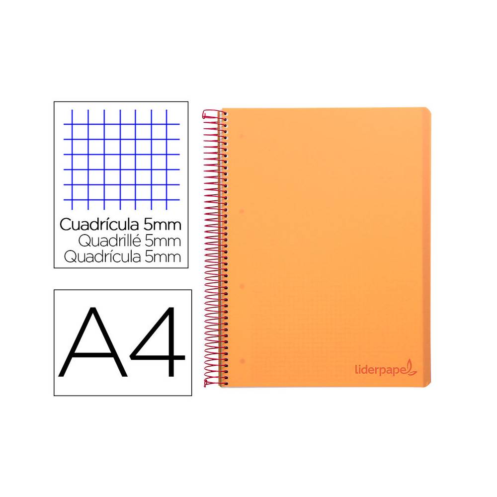 Cuaderno espiral liderpapel a4 micro wonder tapa plastico 120h 90 gr cuadro 5 mm 5 banda4 taladros color naranja