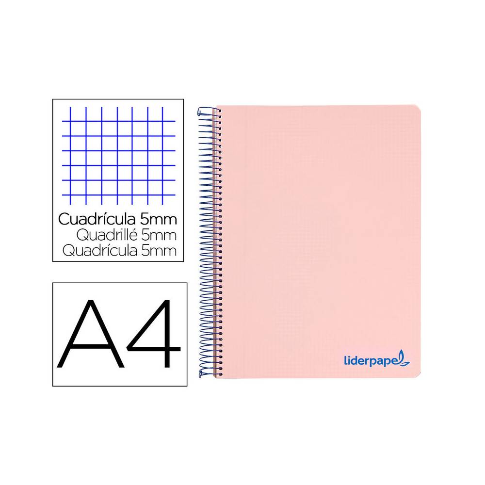 Cuaderno espiral liderpapel a4 micro wonder tapa plastico 120h 90 gr cuadro 5 mm 5 bandas 4 taladros color rosa