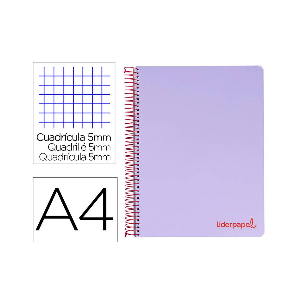 Cuaderno espiral liderpapel a4 micro wonder tapa plastico 120h 90 gr cuadro 5 mm 5 banda4 taladros color lila