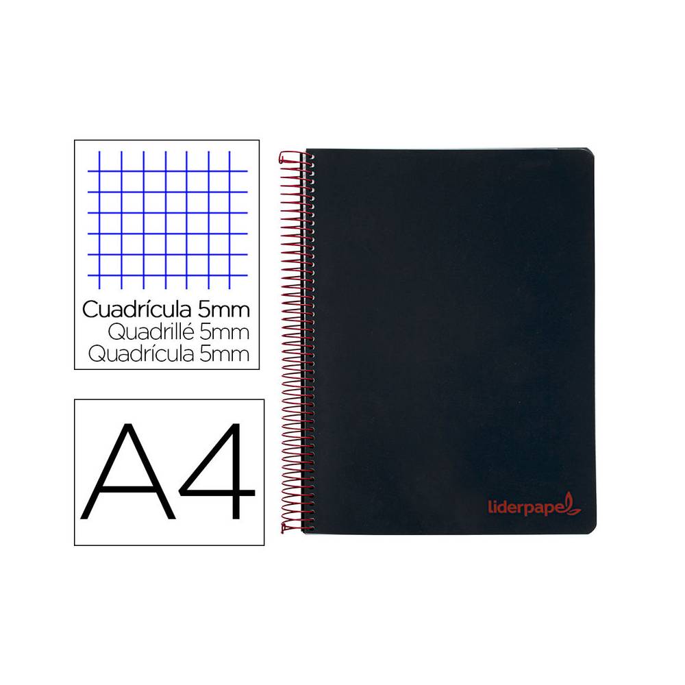 Cuaderno espiral liderpapel a4 micro wonder tapa plastico 120h 90 gr cuadro 5 mm 5 bandas 4 taladros color negro