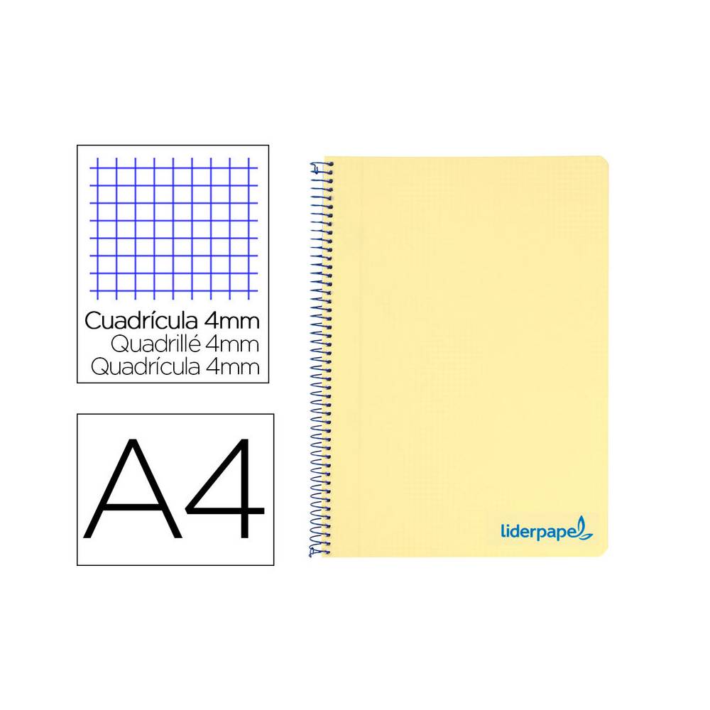 Cuaderno espiral liderpapel a4 wonder tapa plastico 80h 90gr cuadro 4mm con margen color amarillo