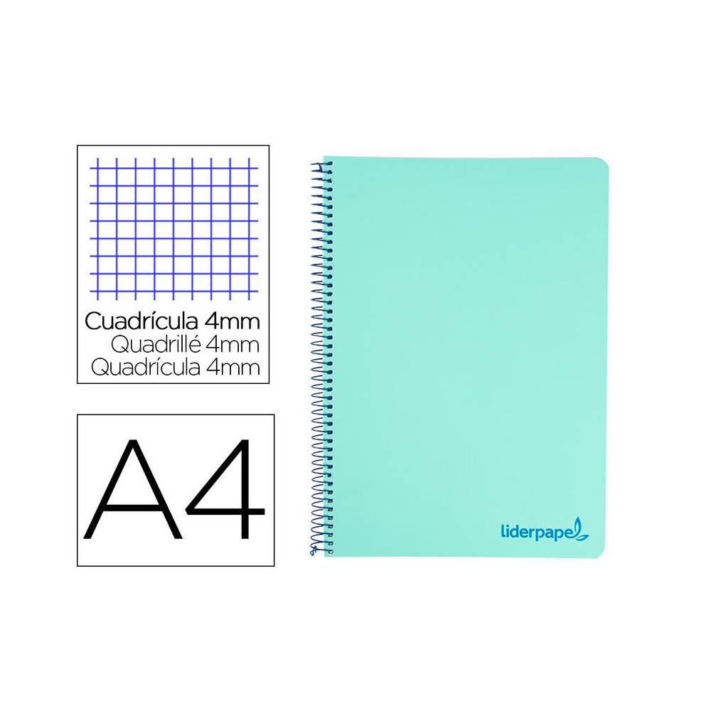 Cuaderno espiral liderpapel a4 wonder tapa plastico 80h 90gr cuadro 4mm con margen color verde