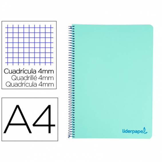 Cuaderno espiral liderpapel a4 wonder tapa plastico 80h 90gr cuadro 4mm con margen color verde