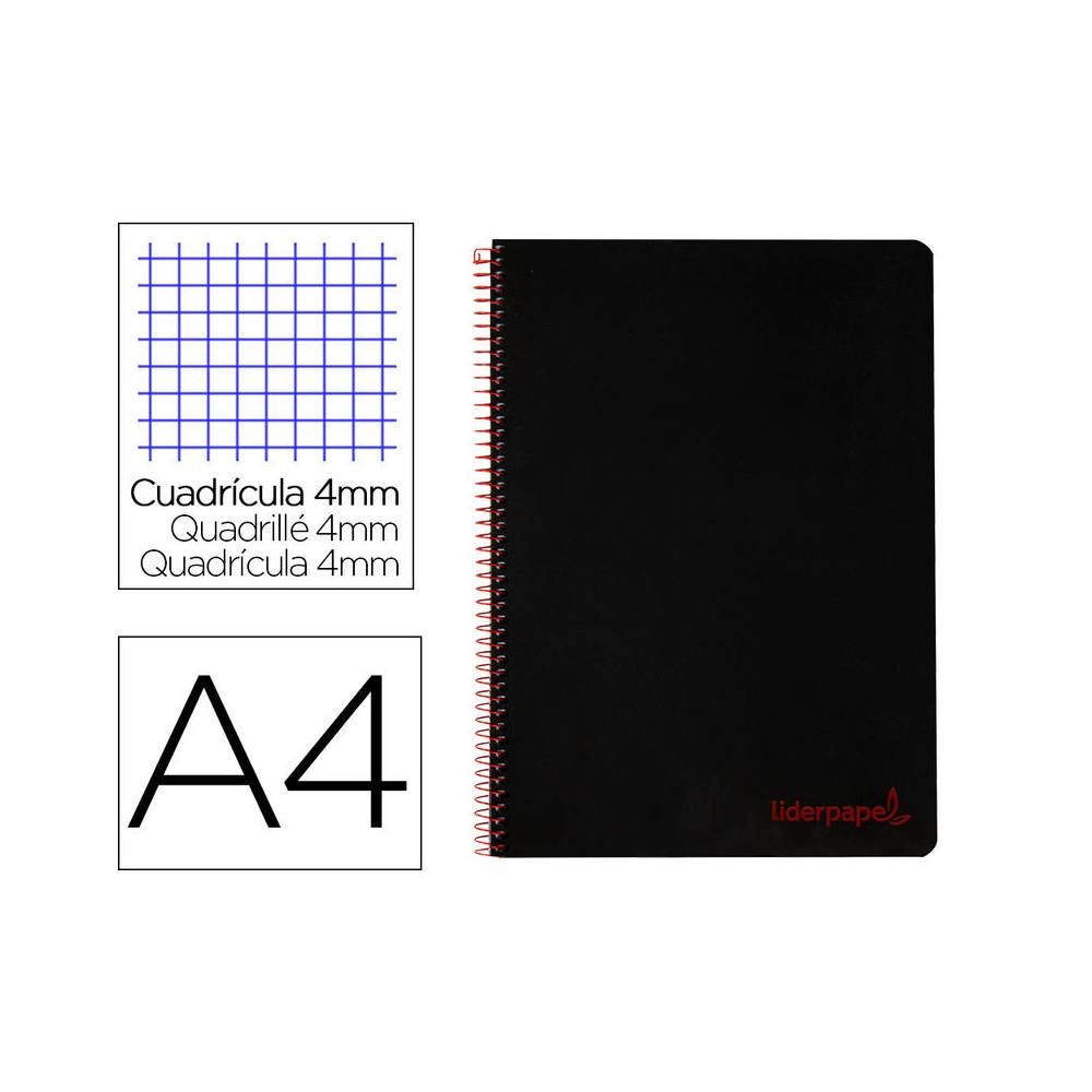 Cuaderno espiral liderpapel a4 wonder tapa plastico 80h 90gr cuadro 4mm con margen color negro