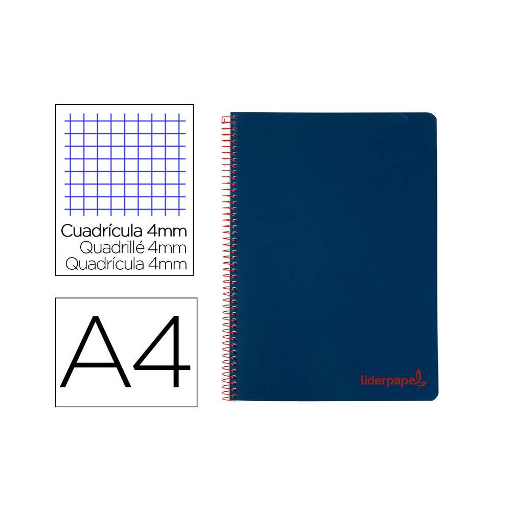 Cuaderno espiral liderpapel a4 wonder tapa plastico 80h 90gr cuadro 4mm con margen color azul marino