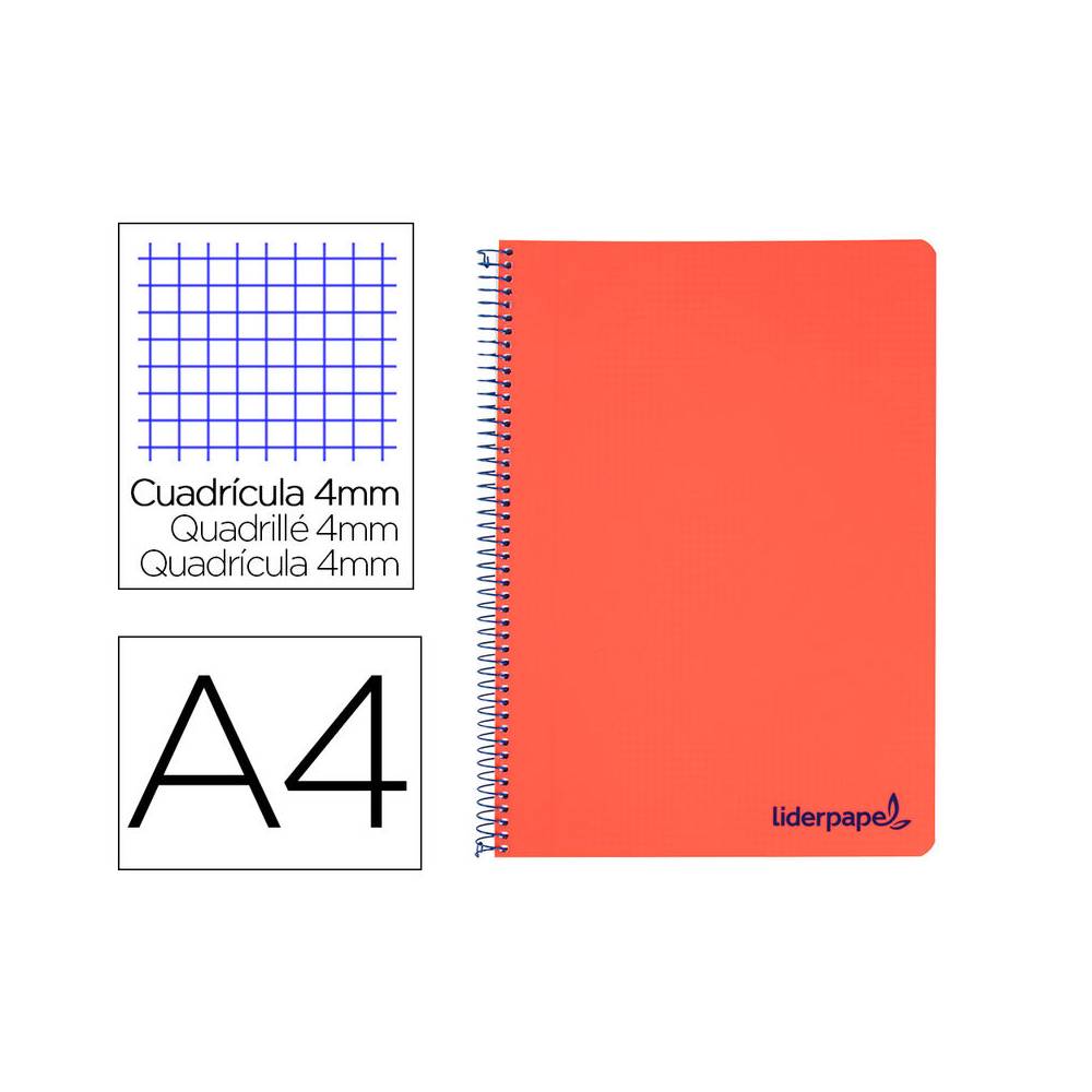 Cuaderno espiral liderpapel a4 wonder tapa plastico 80h 90gr cuadro 4mm con margen color rojo