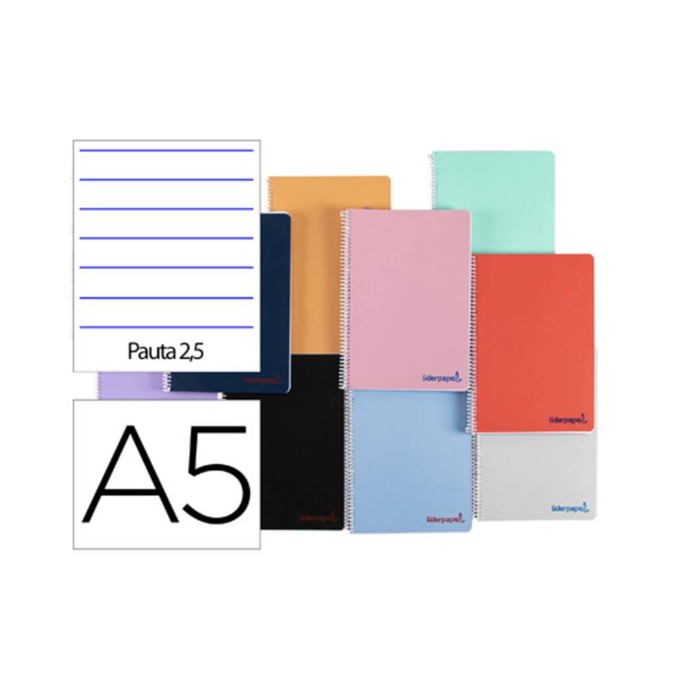 Cuaderno espiral liderpapel a5 wonder tapa plastico 80h 90g pauta estrecha 2,5mm con margen colores surtidos