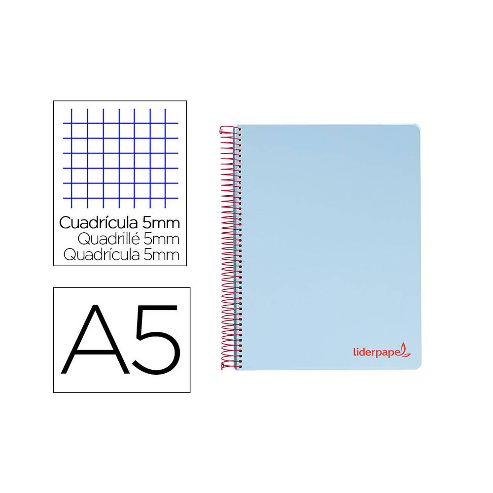 Cuaderno espiral liderpapel a5 micro wonder tapa plastico 120h 90g cuadro 5mm 5 bandas 6 taladros color celeste