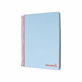 Cuaderno espiral liderpapel a5 micro wonder tapa plastico 120h 90g cuadro 5mm 5 bandas 6 taladros color celeste