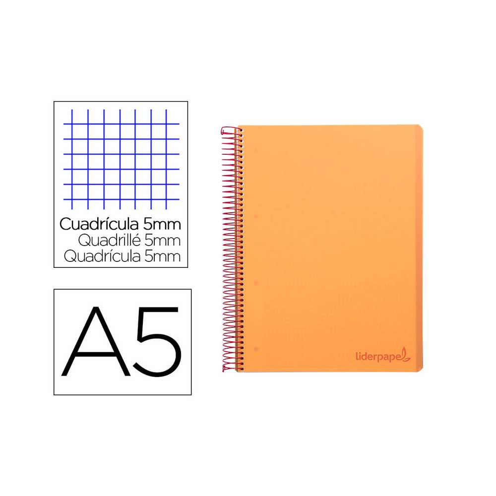 Cuaderno espiral liderpapel a5 micro wonder tapa plastico 120h 90g cuadro 5mm 5 bandas 6 taladros color naranja