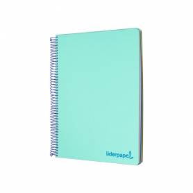 Cuaderno espiral liderpapel a5 micro wonder tapa plastico 120h 90g cuadro 5mm 5 bandas 6 taladros color verde