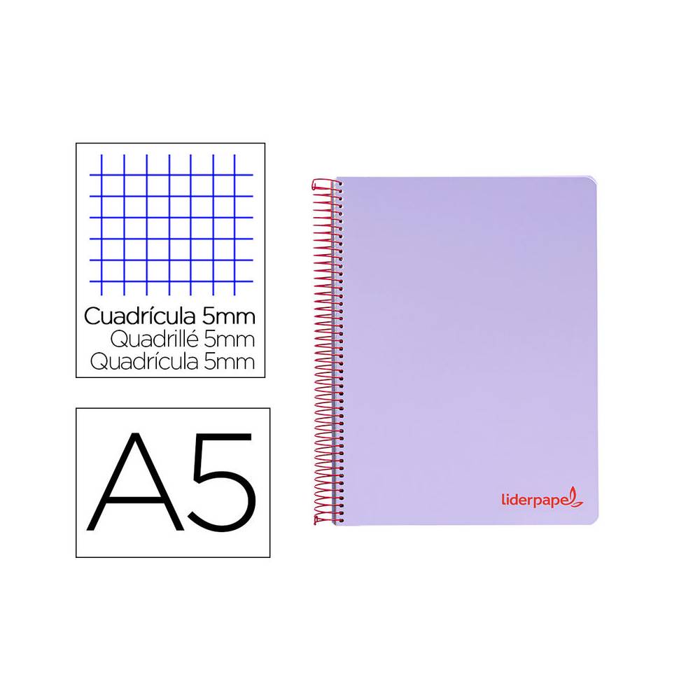 Cuaderno espiral liderpapel a5 micro wonder tapa plastico 120h 90g cuadro 5mm 5 bandas 6 taladros color violeta