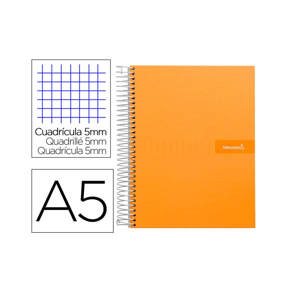 Cuaderno espiral liderpapel a5 micro crafty tapa forrada 120h 90 gr cuadro 5mm 5 bandas6 taladros color naranja