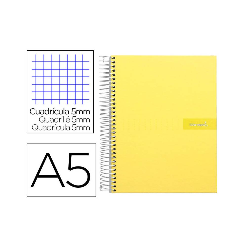 Cuaderno espiral liderpapel a5 micro crafty tapa forrada 120h 90 gr cuadro 5mm 5 bandas6 taladros color amarillo