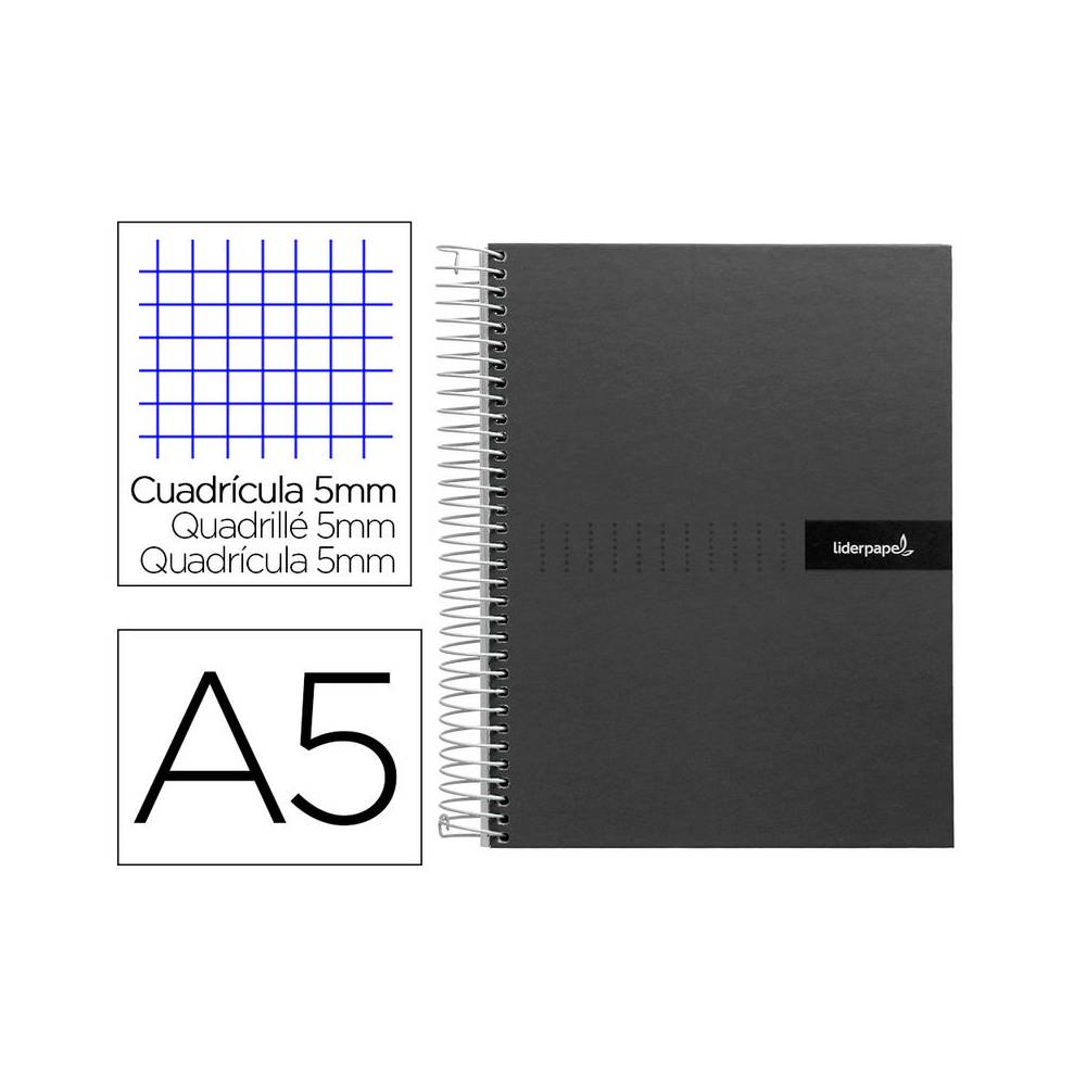 Cuaderno espiral liderpapel a5 micro crafty tapa forrada 120h 90 gr cuadro 5mm 5 bandas6 taladros color negro