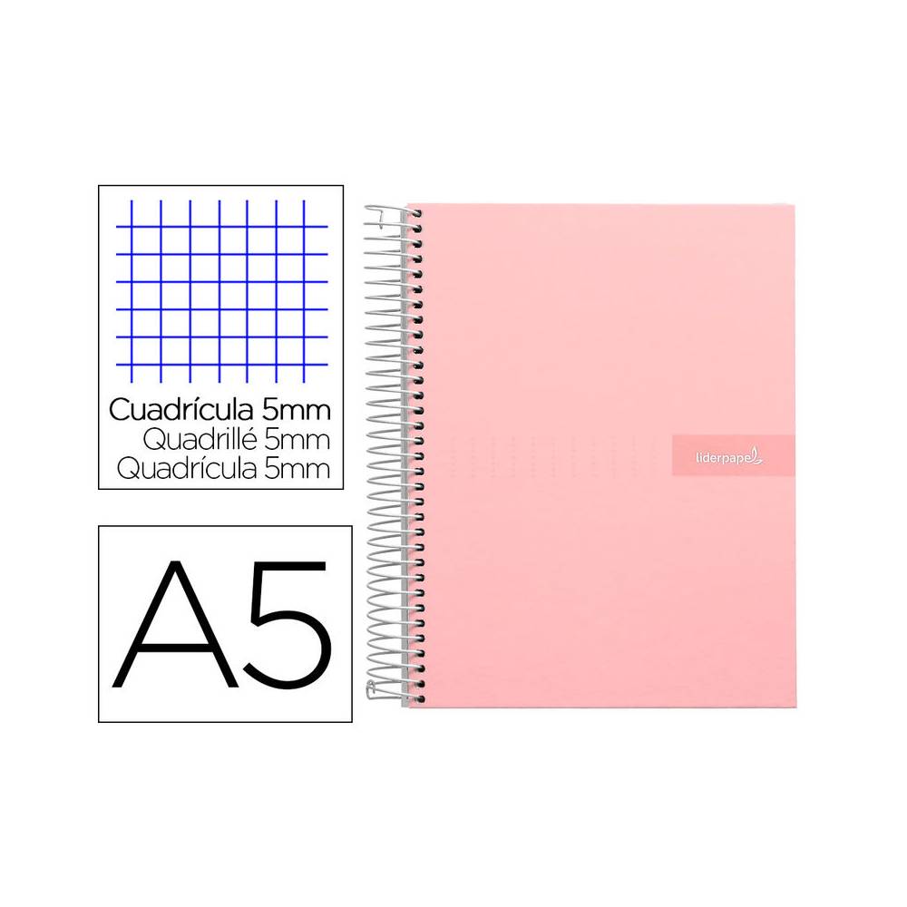 Cuaderno espiral liderpapel a5 micro crafty tapa forrada 120h 90 gr cuadro 5mm 5 bandas6 taladros color rosa