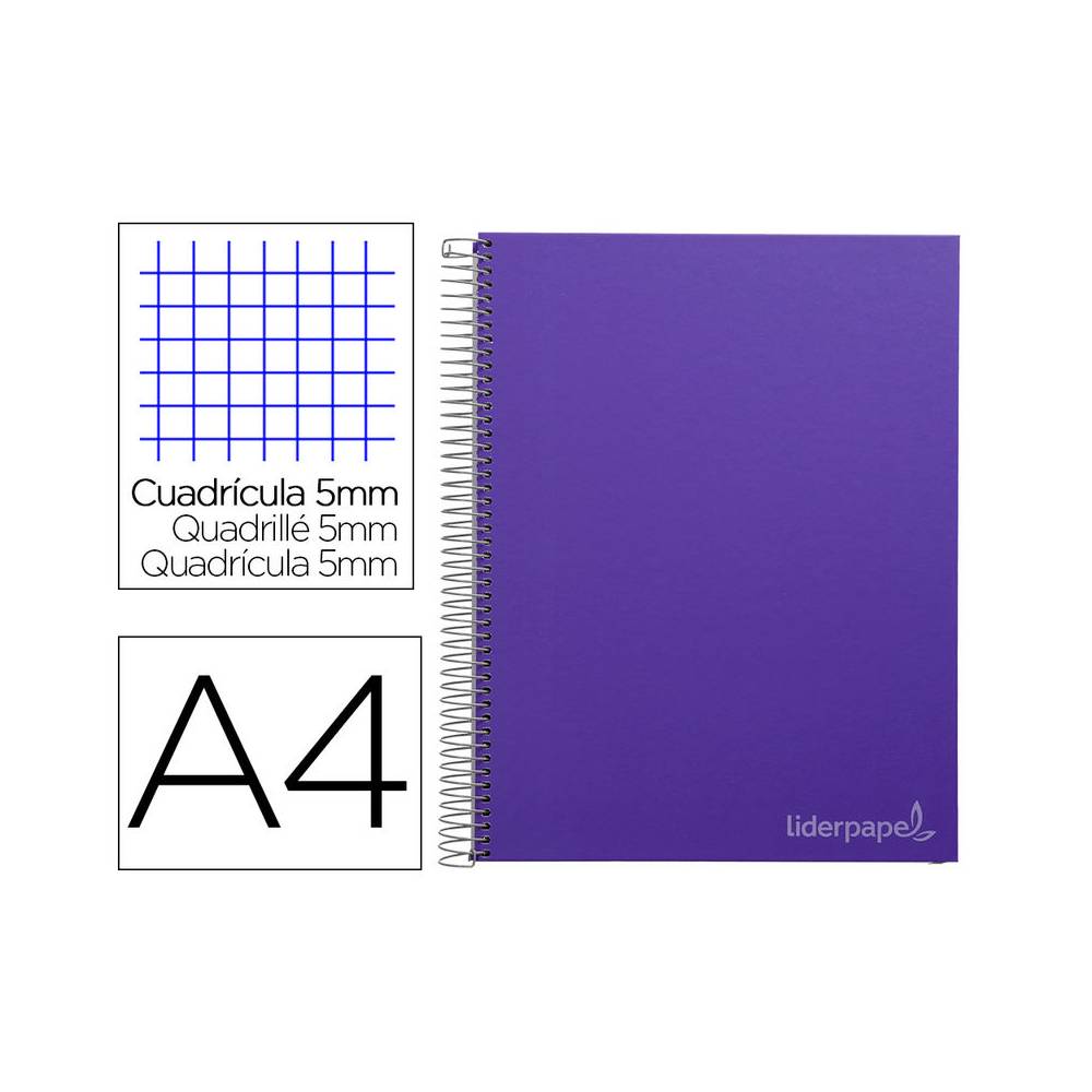 Cuaderno espiral liderpapel a4 micro jolly tapa forrada 140h 75 gr cuadro 5mm 5 bandas 4 taladros color lila