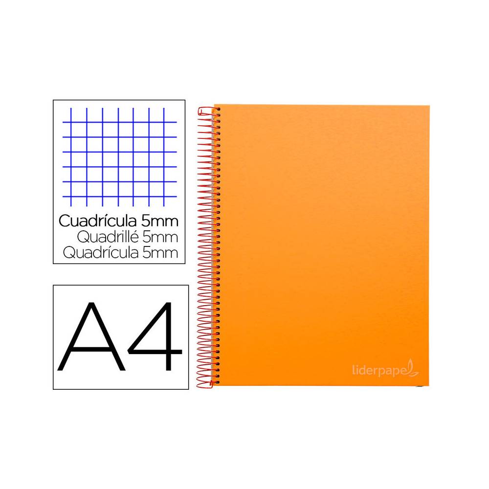 Cuaderno espiral liderpapel a4 micro jolly tapa forrada 140h 75 gr cuadro 5mm 5 bandas4 taladros color naranja